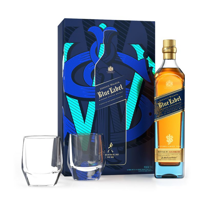 Johnnie Walker Blue Label Blended Scotch Whisky with two (2) Crystal Glasses