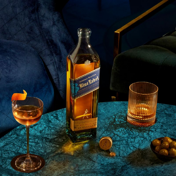 Johnnie Walker Blue Label Blended Scotch Whisky with two (2) Crystal Glasses